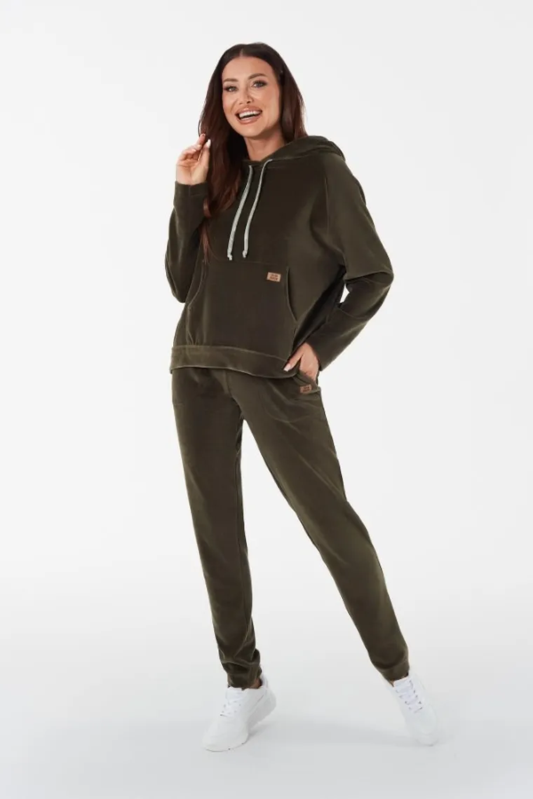 Bluza damska z kapturem, welurowa, zielona, Oliw, Italian Fashion