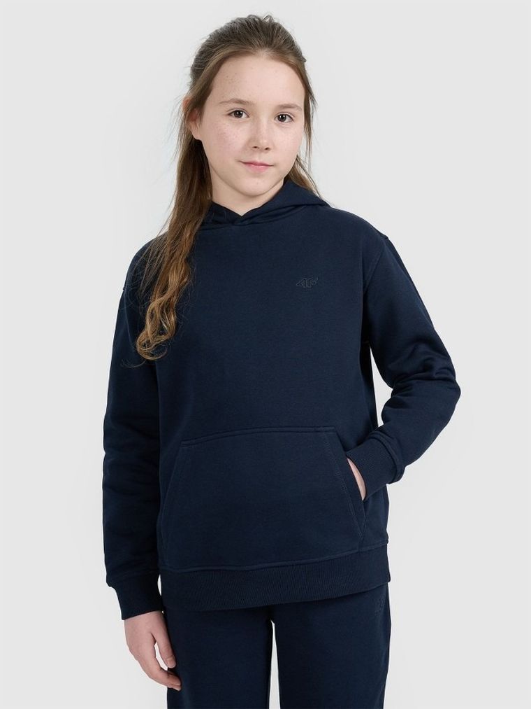 Bluza dziewczęca z kapturem, granatowa, 4F