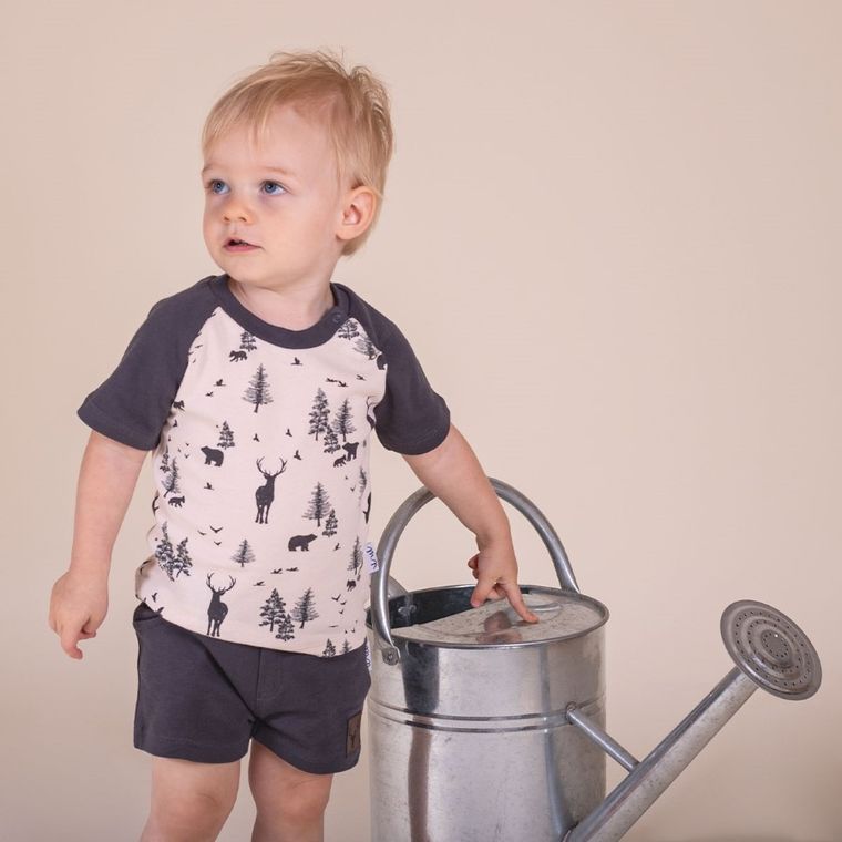 Bluzka chłopięca z krótkim rękawem, grafitowo-beżowa, Nicol