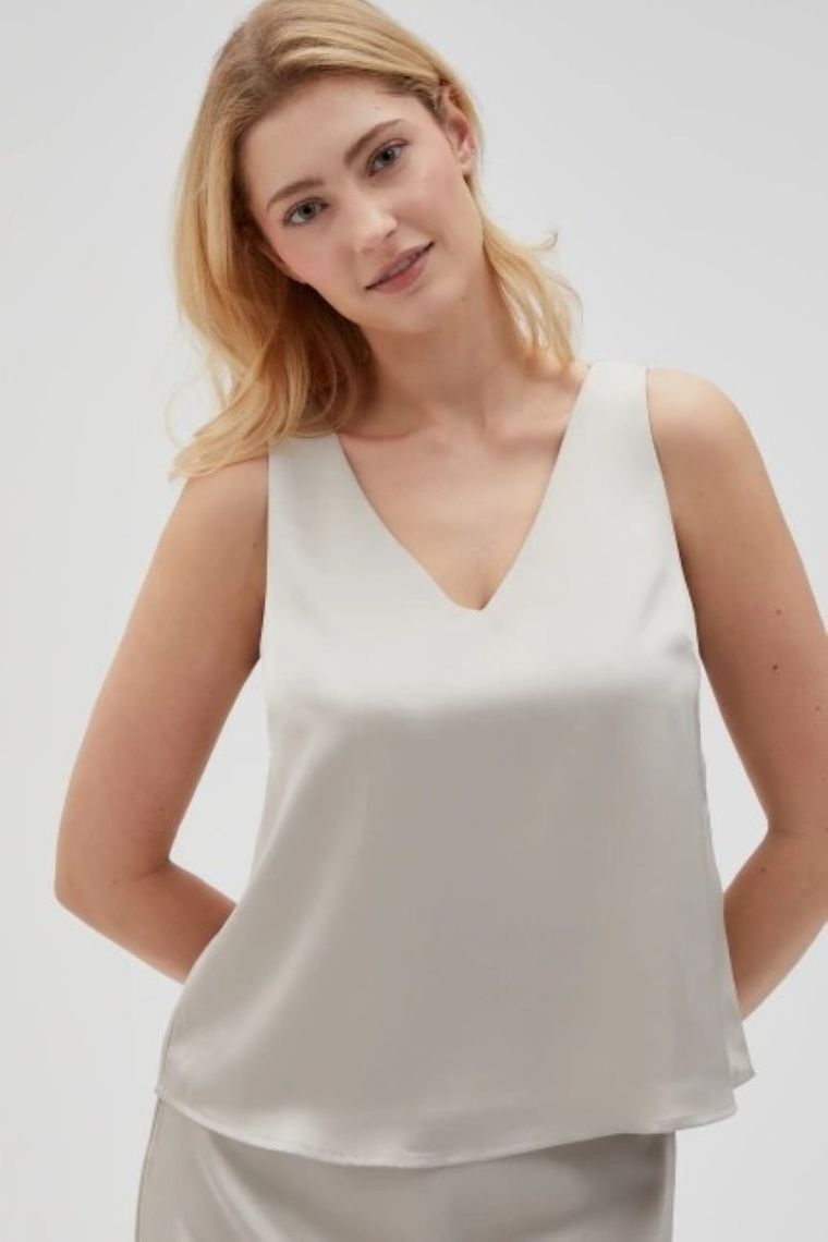 Bluzka damska bez rękawów, beżowa, Moodo