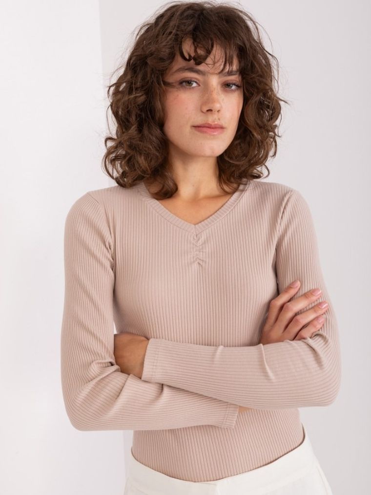 Bluzka damska z długim rękawem, beżowa, Basic Feel Good