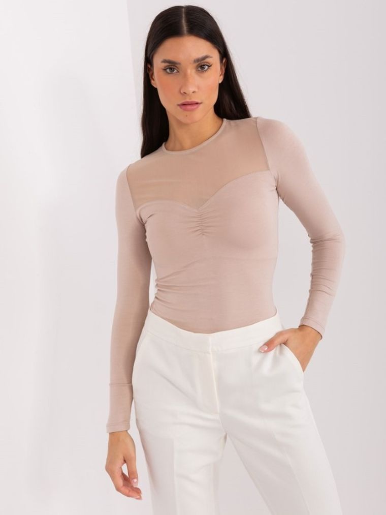 Bluzka damska z długim rękawem, beżowa, Basic Feel Good