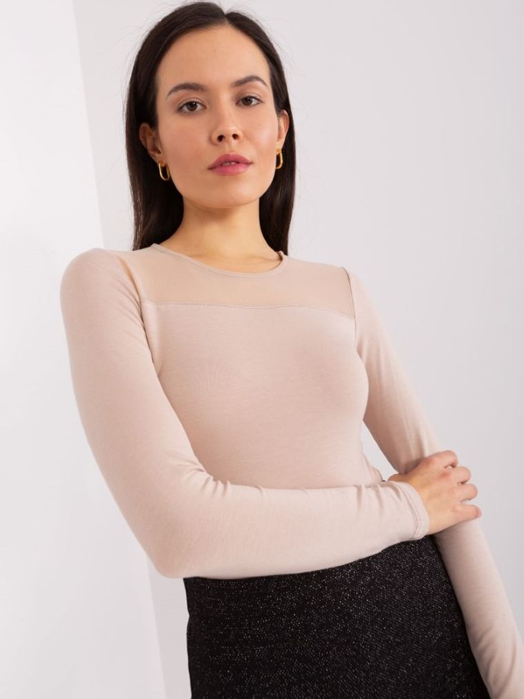 Bluzka damska z długim rękawem, beżowa, Basic Feel Good