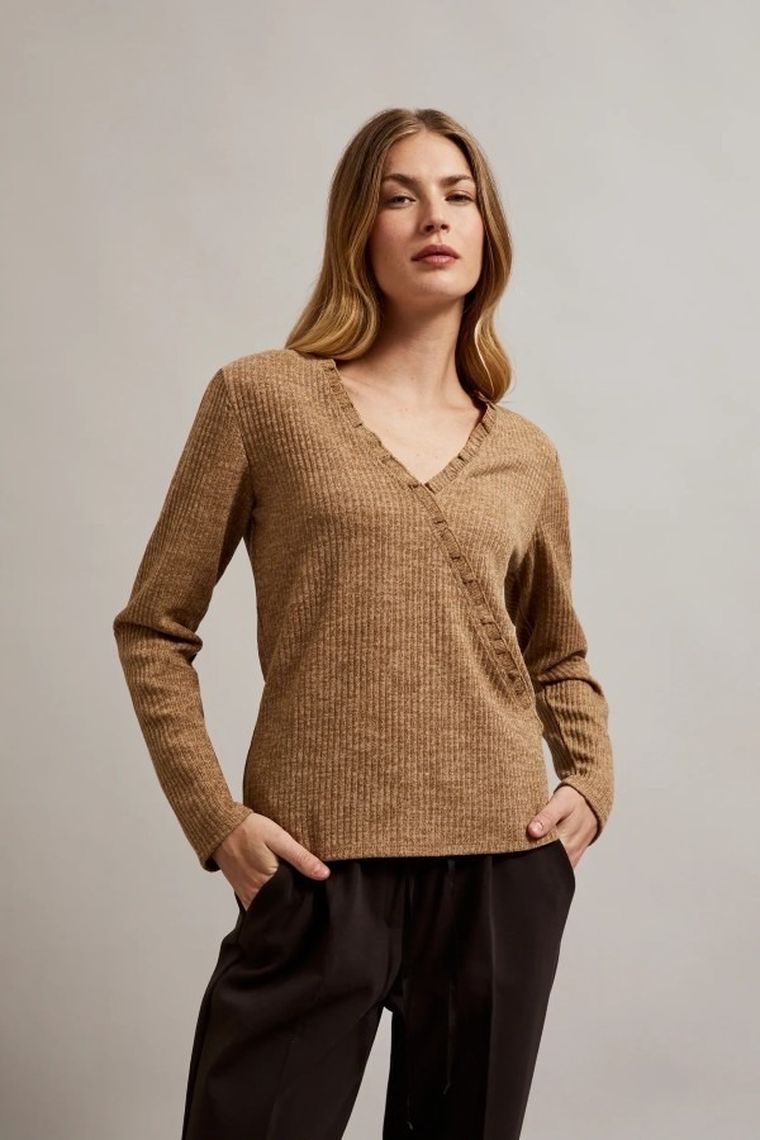 Bluzka damska z długim rękawem, beżowa, Moodo