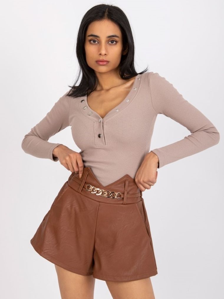 Bluzka damska z długim rękawem, beżowa, Rue Paris