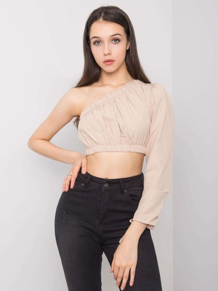 Bluzka damska z długim rękawem, beżowa, Rue Paris