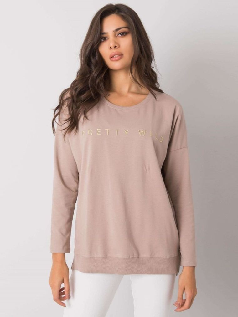 Bluzka damska z długim rękawem, beżowa, Rue Paris