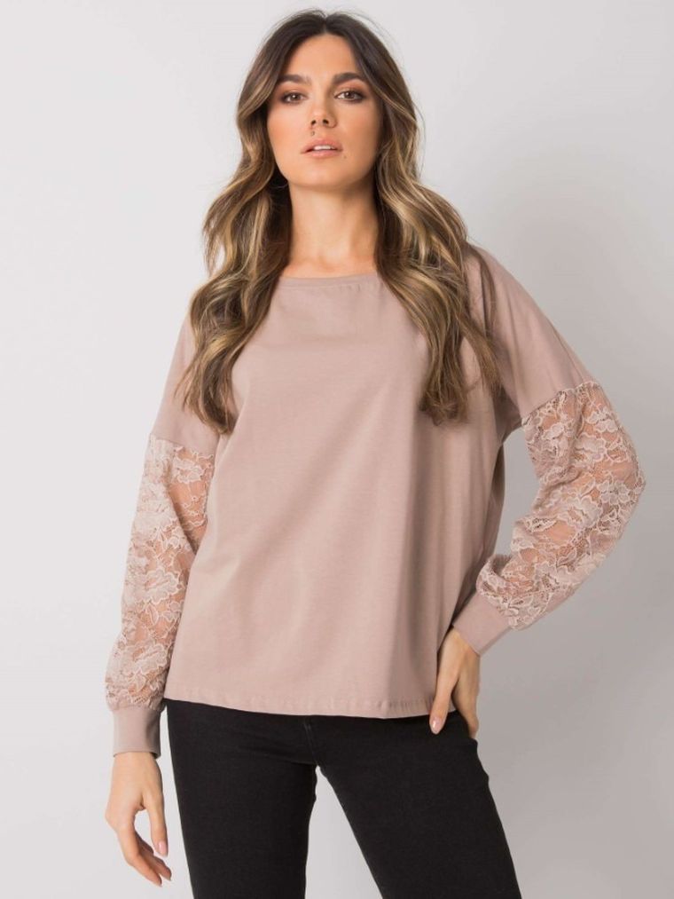 Bluzka damska z długim rękawem, beżowa, Rue Paris