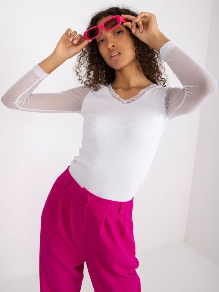 Bluzka damska z długim rękawem, biała, Rue Paris