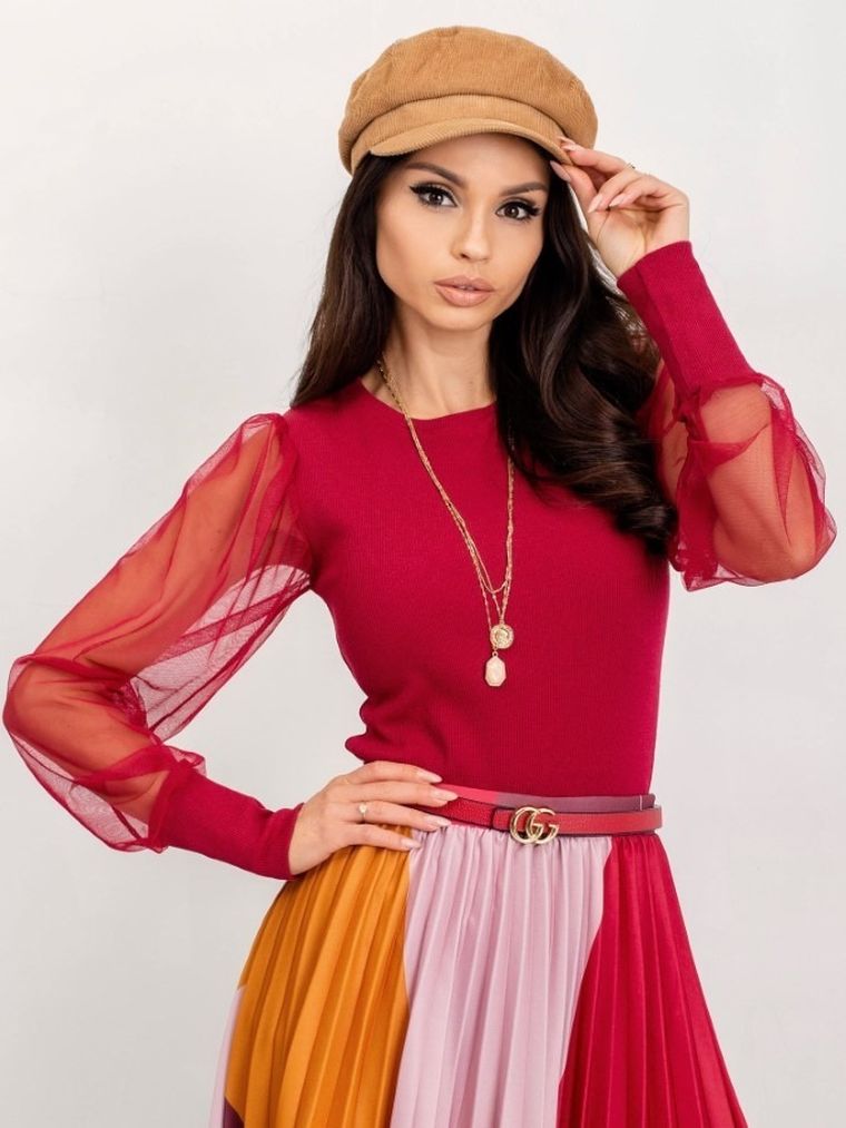 Bluzka damska z długim rękawem, bordowa, Rue Paris