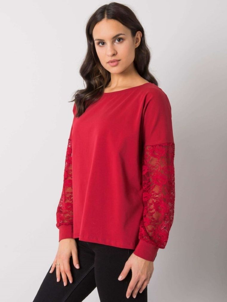 Bluzka damska z długim rękawem, bordowa, Rue Paris