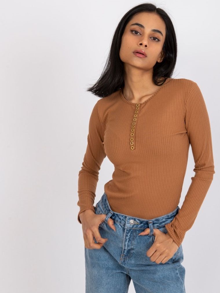 Bluzka damska z długim rękawem, brązowa, Lakerta