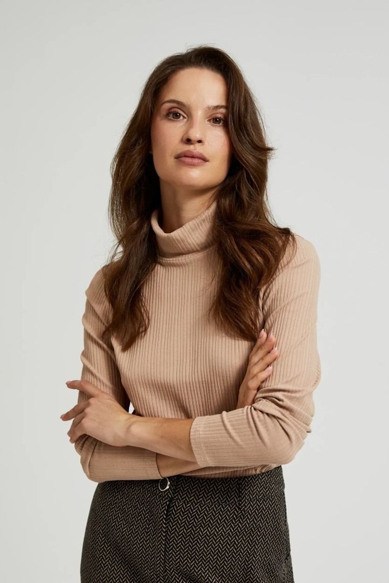 Bluzka damska z długim rękawem, brązowa, Moodo