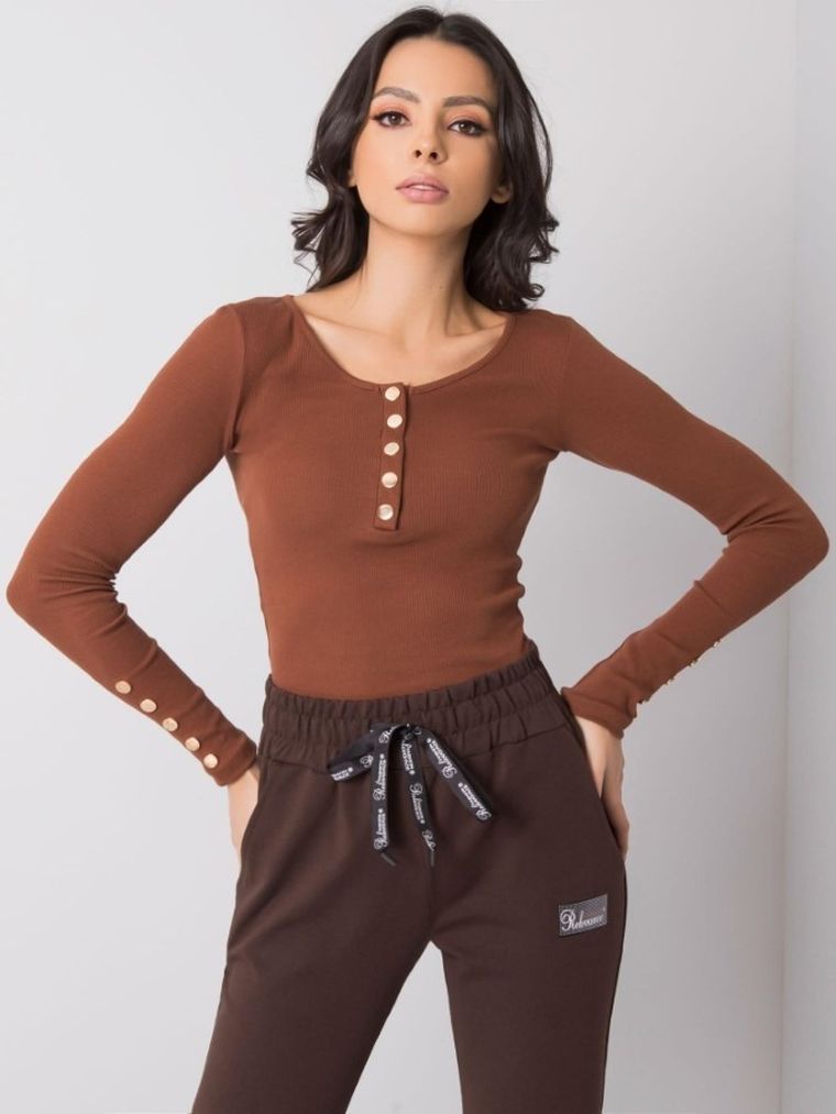 Bluzka damska z długim rękawem, brązowa, Rue Paris