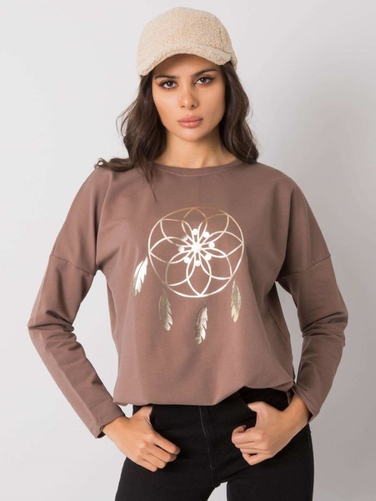 Bluzka damska z długim rękawem, brązowa, Rue Paris