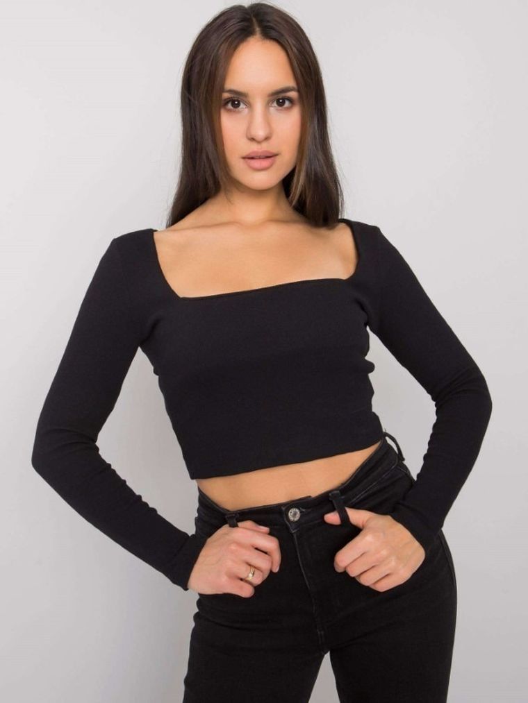 Bluzka damska z długim rękawem, crop top, czarna, Rue Paris