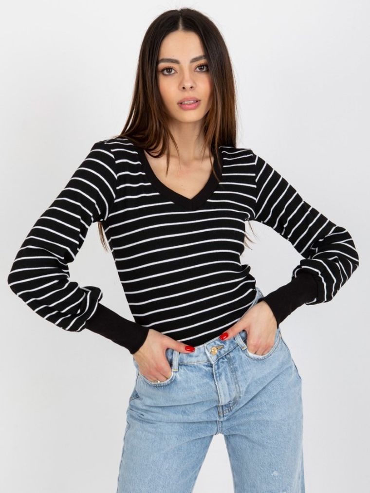 Bluzka damska z długim rękawem, czarna, Basic Feel Good