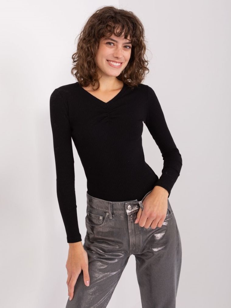 Bluzka damska z długim rękawem, czarna, Basic Feel Good