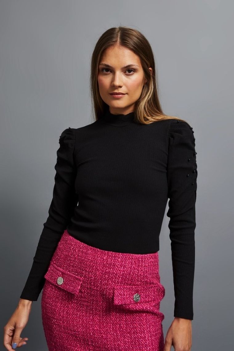 Bluzka damska z długim rękawem, czarna, Moodo