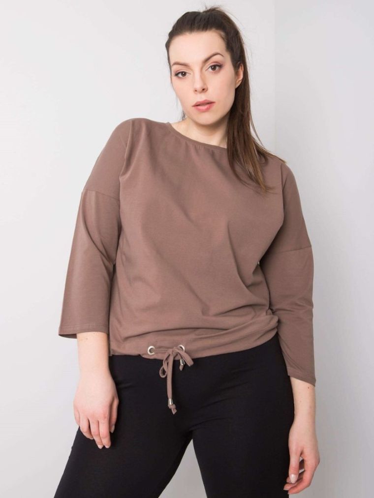 Bluzka damska z długim rękawem, plus size, brązowa, Basic Feel Good