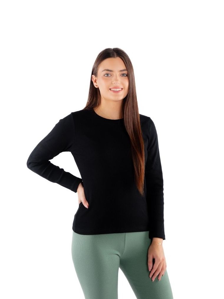 Bluzka damska z długim rękawem, prążkowana, czarna, Ilona, Golden Queen