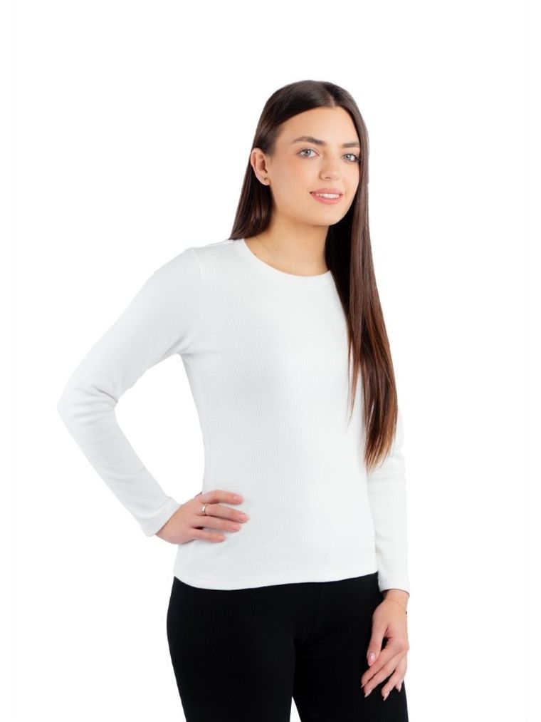 Bluzka damska z długim rękawem, prążkowana, ecru, Ilona, Golden Queen