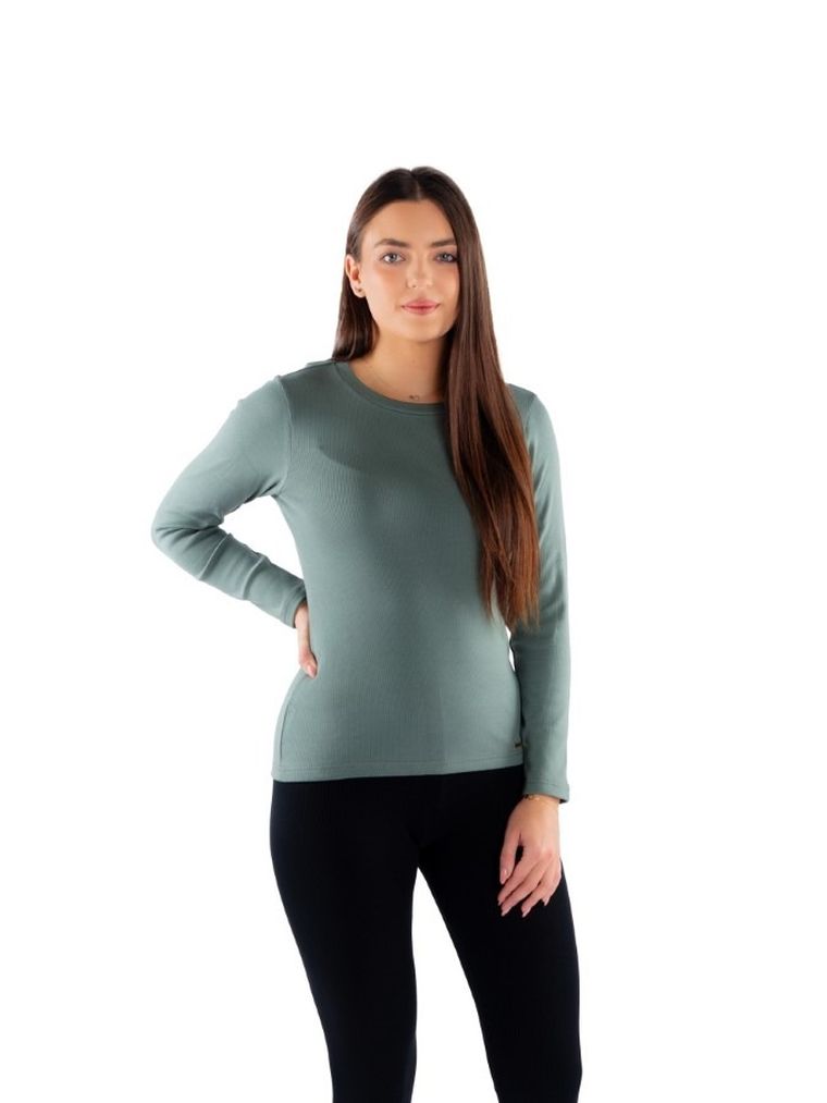 Bluzka damska z długim rękawem, prążkowana, khaki, Ilona, Golden Queen