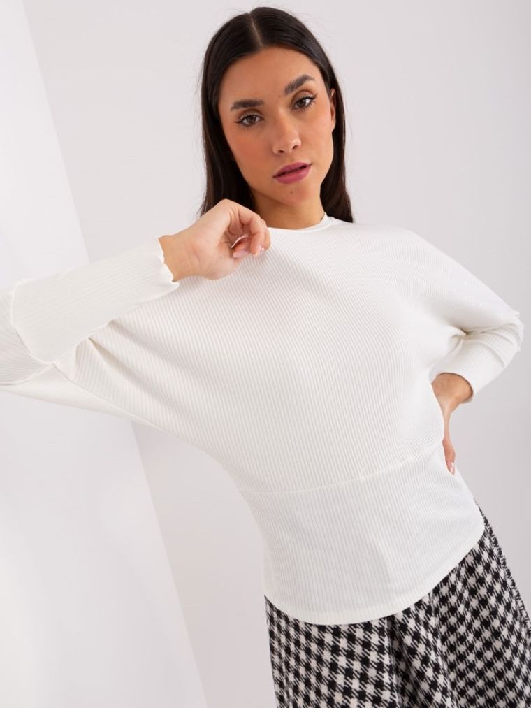 Bluzka damska z długim rękawem, prążkowana, oversize, ecru, Basic Feel Good