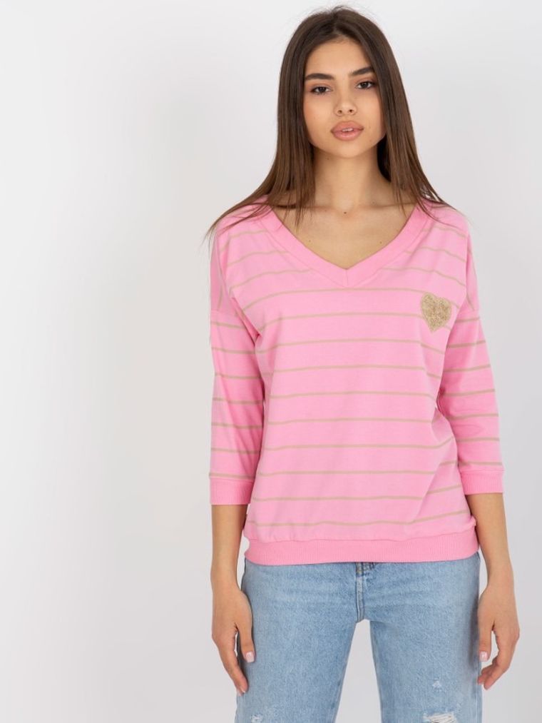 Bluzka damska z długim rękawem, różowa, Basic Feel Good