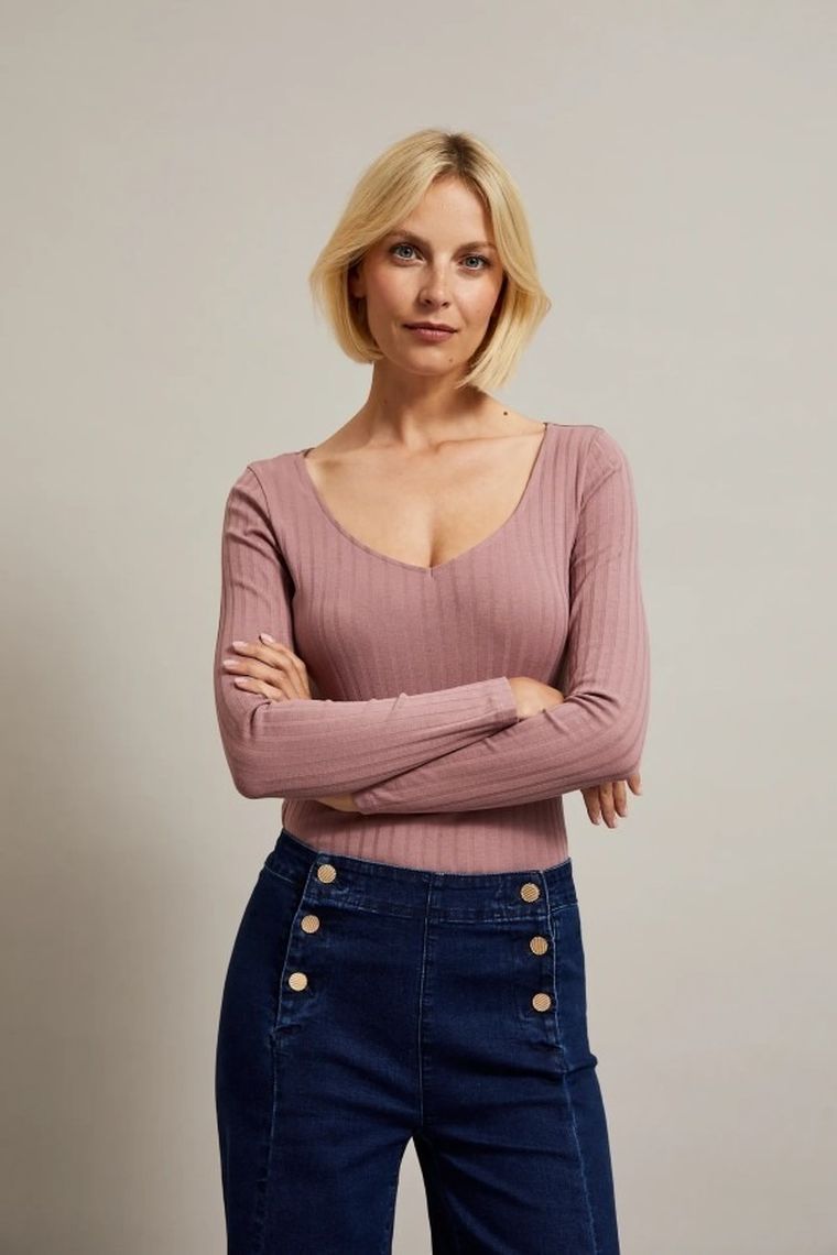 Bluzka damska z długim rękawem, różowa, Moodo