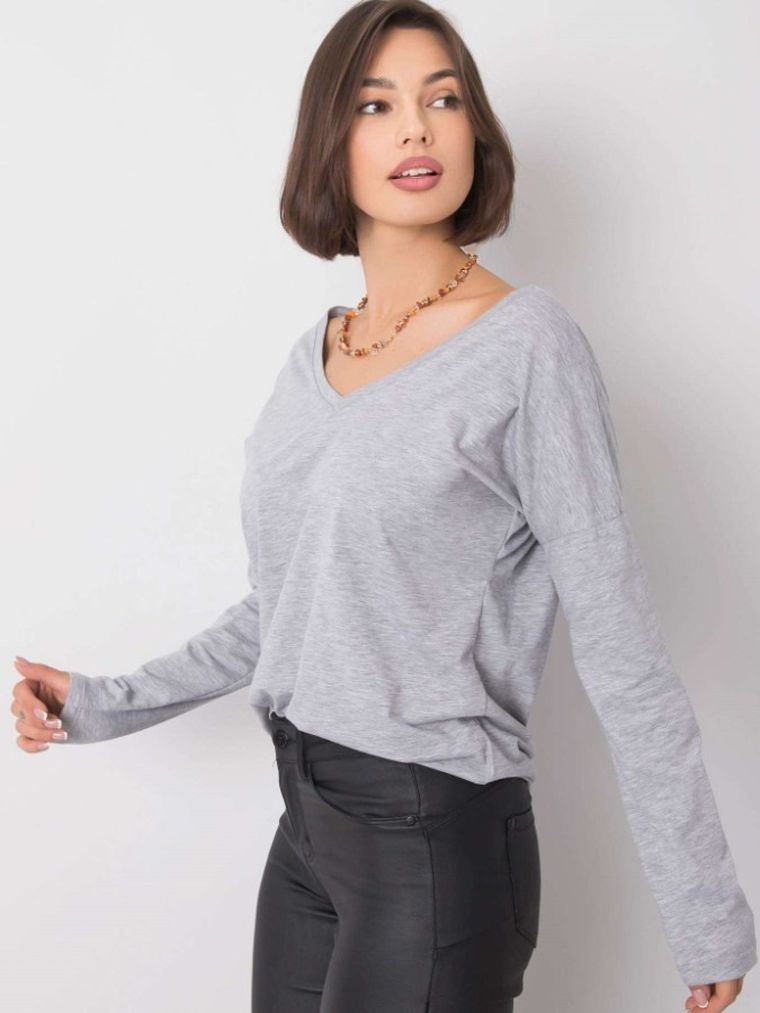 Bluzka damska z długim rękawem, szara, Basic Feel Good