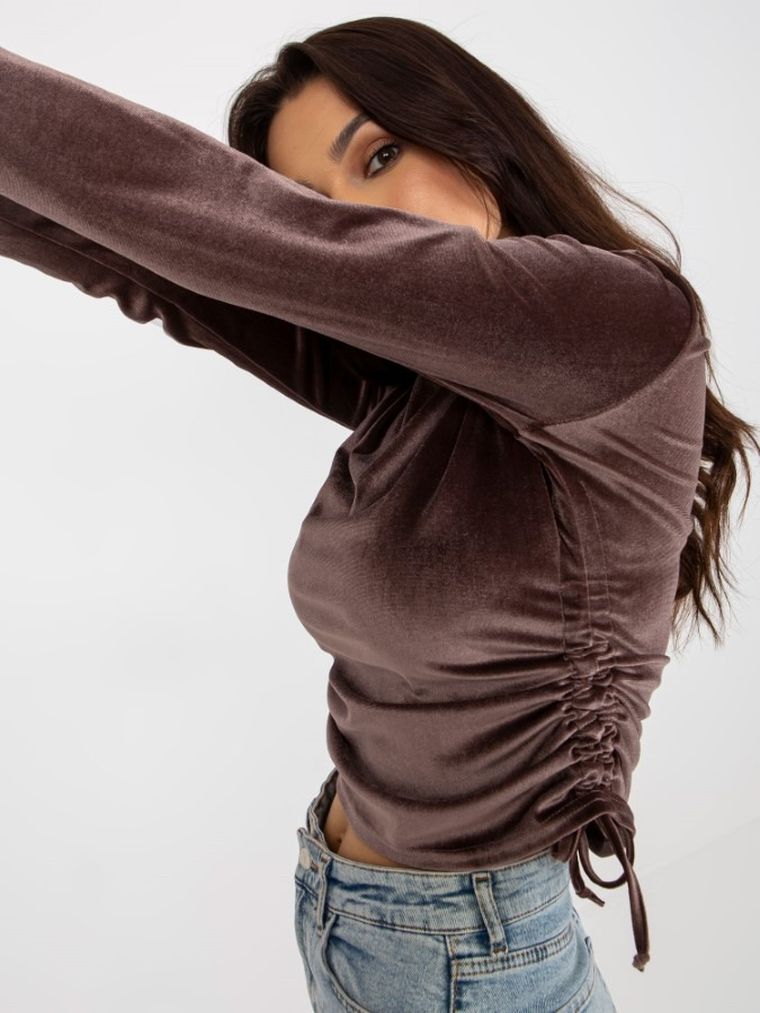 Bluzka damska z długim rękawem, welurowa, brązowa, Lakerta