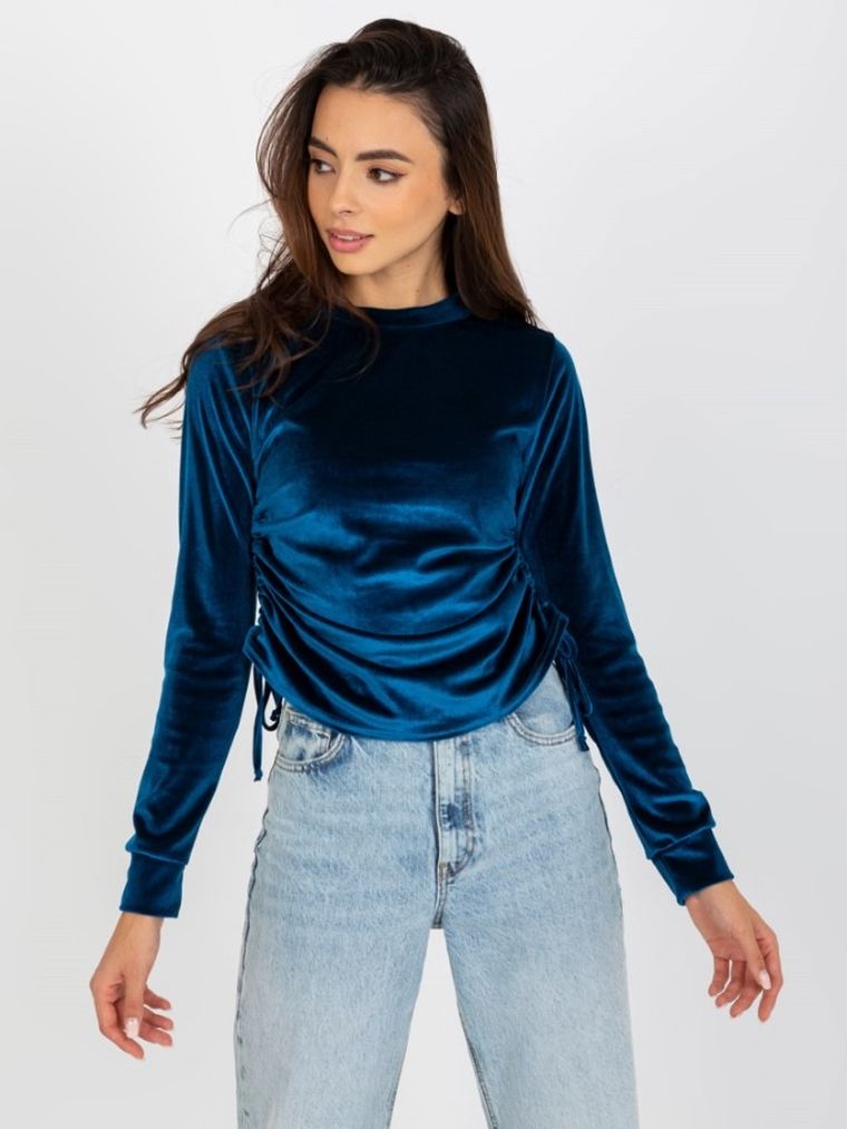 Bluzka damska z długim rękawem, welurowa, niebieska, Lakerta