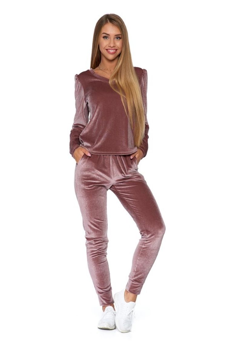 Bluzka damska z długim rękawem, welurowa, różowa, Moraj