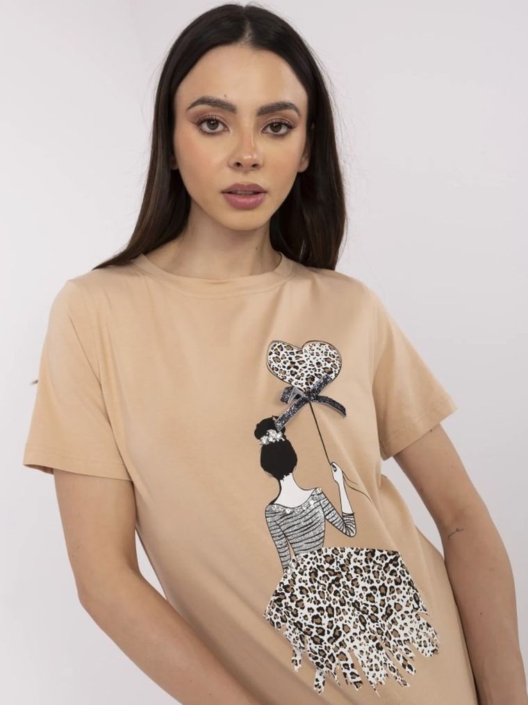 Bluzka damska z krótkim rękawem, beżowa, Calimera