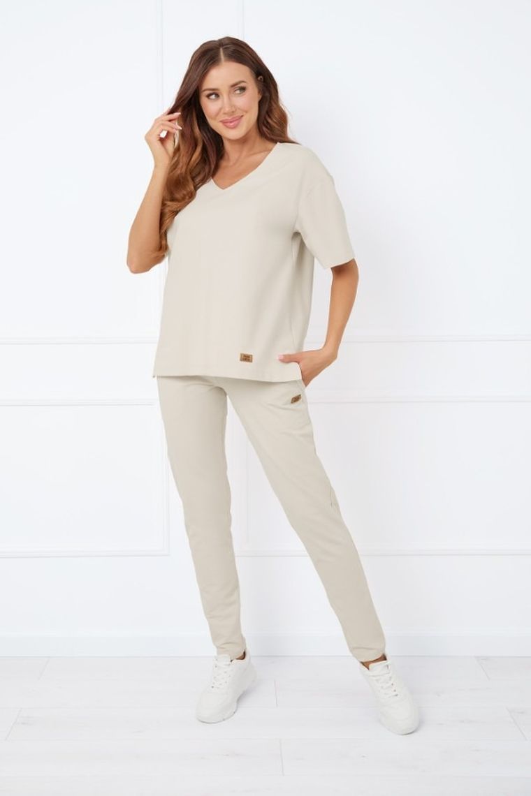 Bluzka damska z krótkim rękawem, beżowa, Caro, Italian Fashion