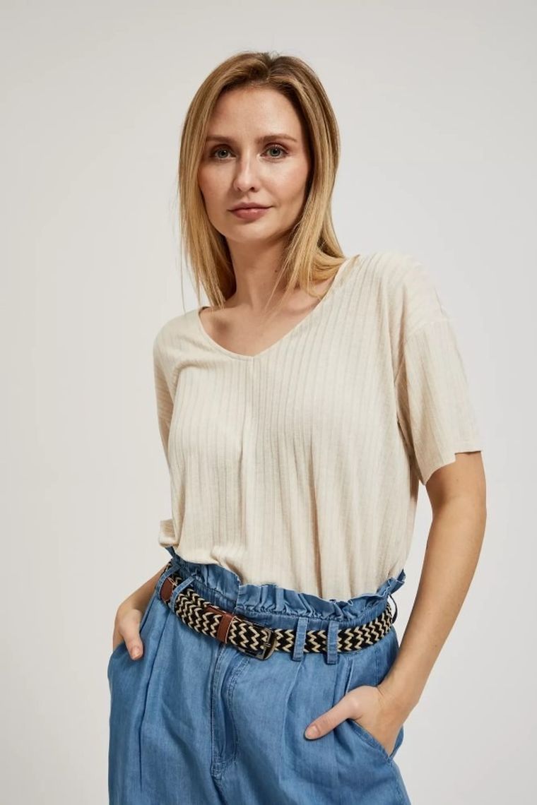 Bluzka damska z krótkim rękawem, beżowa, Moodo