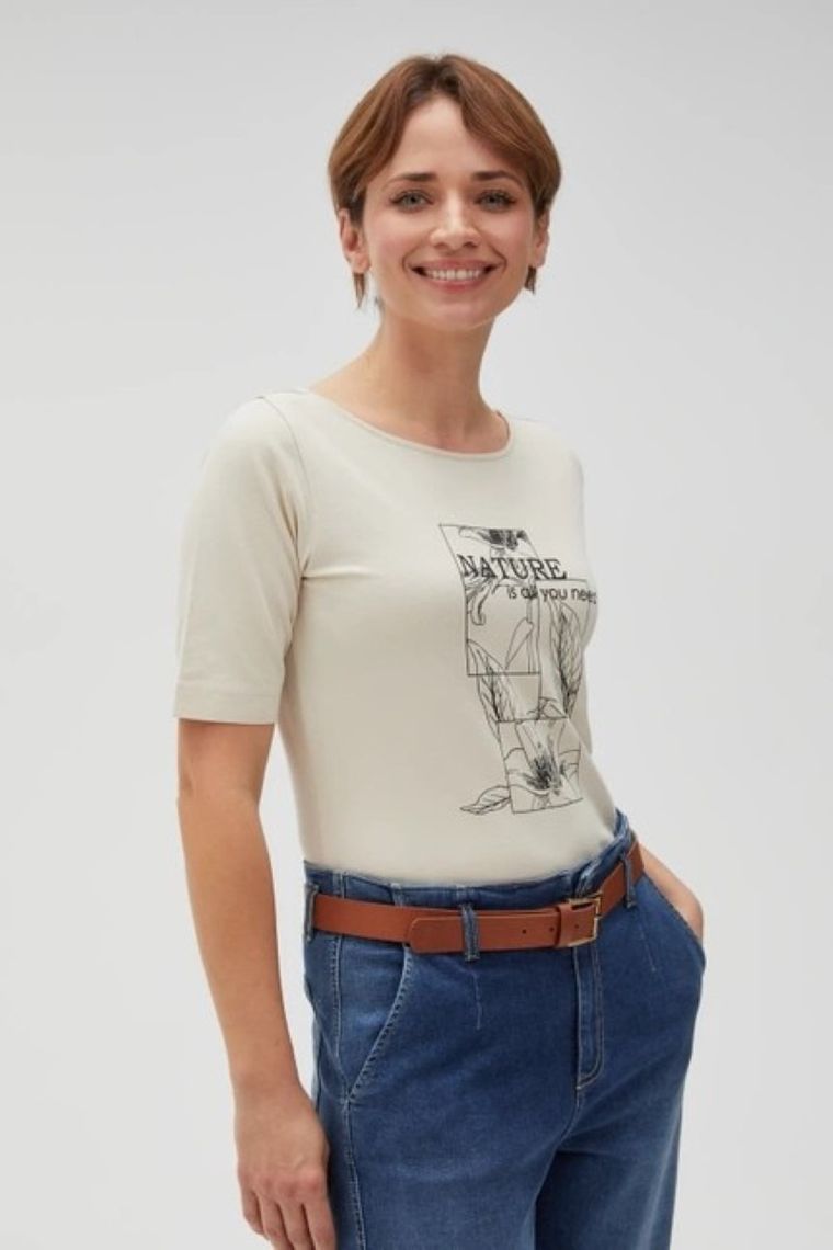 Bluzka damska z krótkim rękawem, beżowa, Moodo