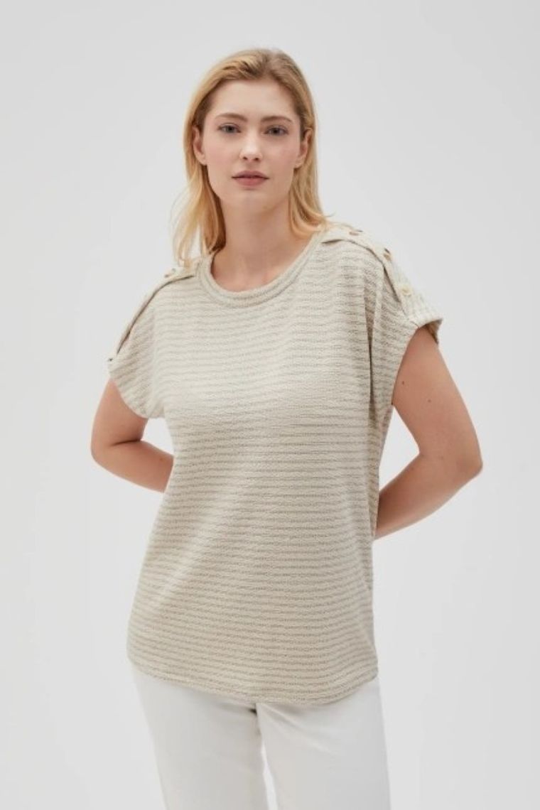 Bluzka damska z krótkim rękawem, beżowa, Moodo