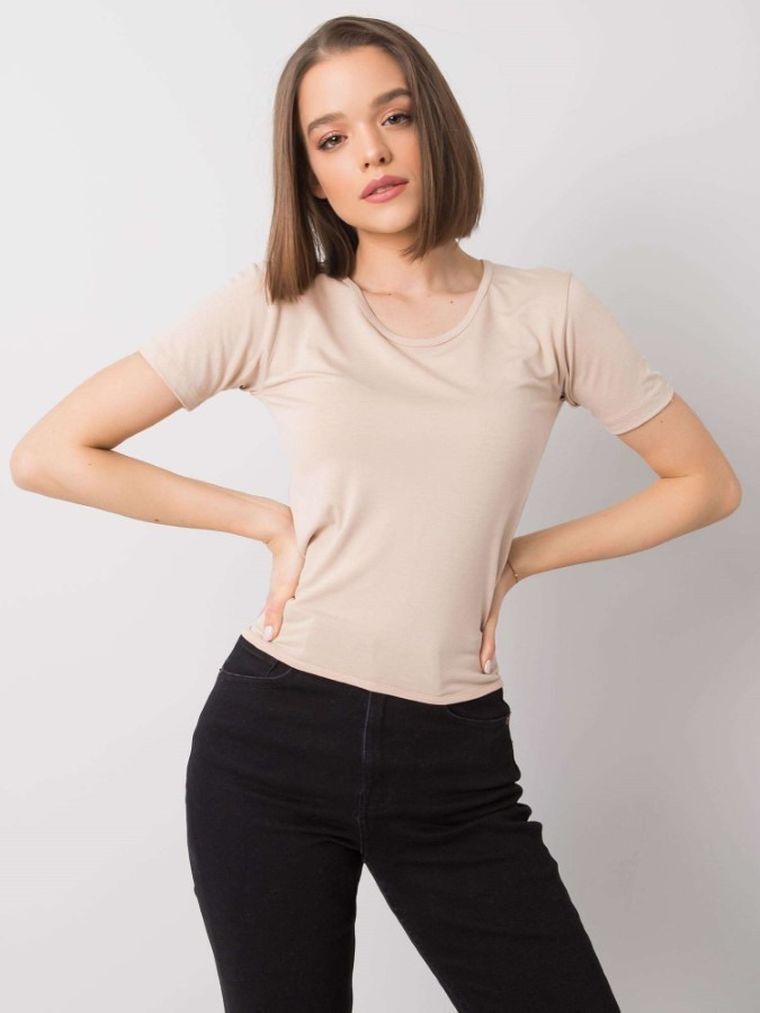 Bluzka damska z krótkim rękawem, beżowa, Rue Paris