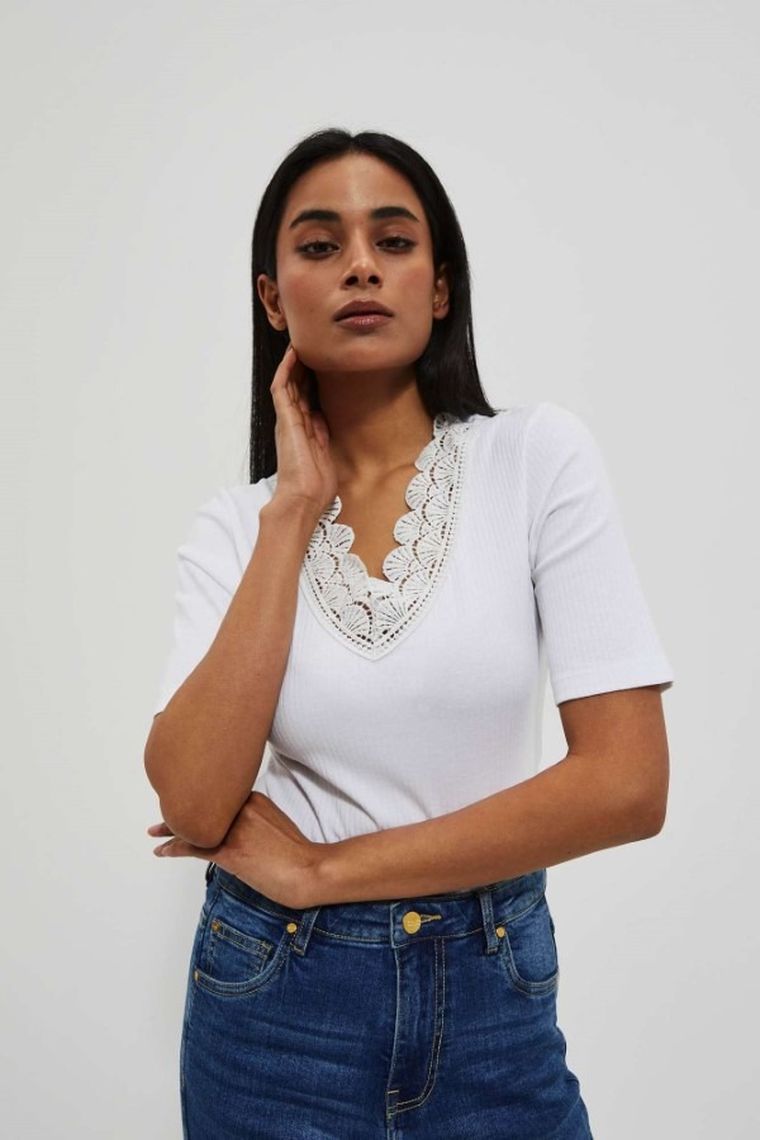 Bluzka damska z krótkim rękawem, biała, Moodo