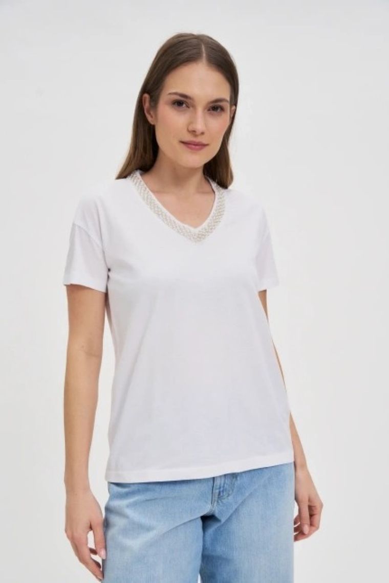 Bluzka damska z krótkim rękawem, biała, Moodo