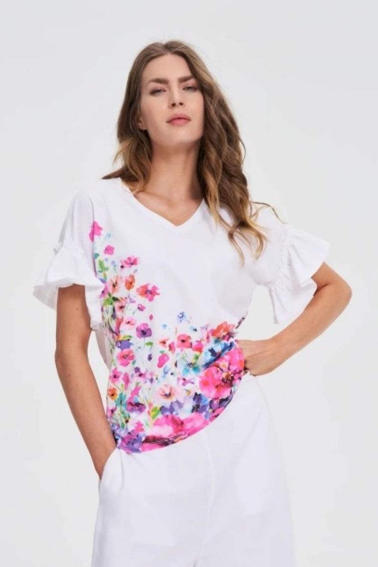 Bluzka damska z krótkim rękawem, biała, Moodo