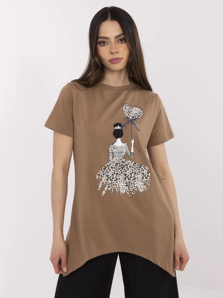 Bluzka damska z krótkim rękawem, brązowa, Calimera