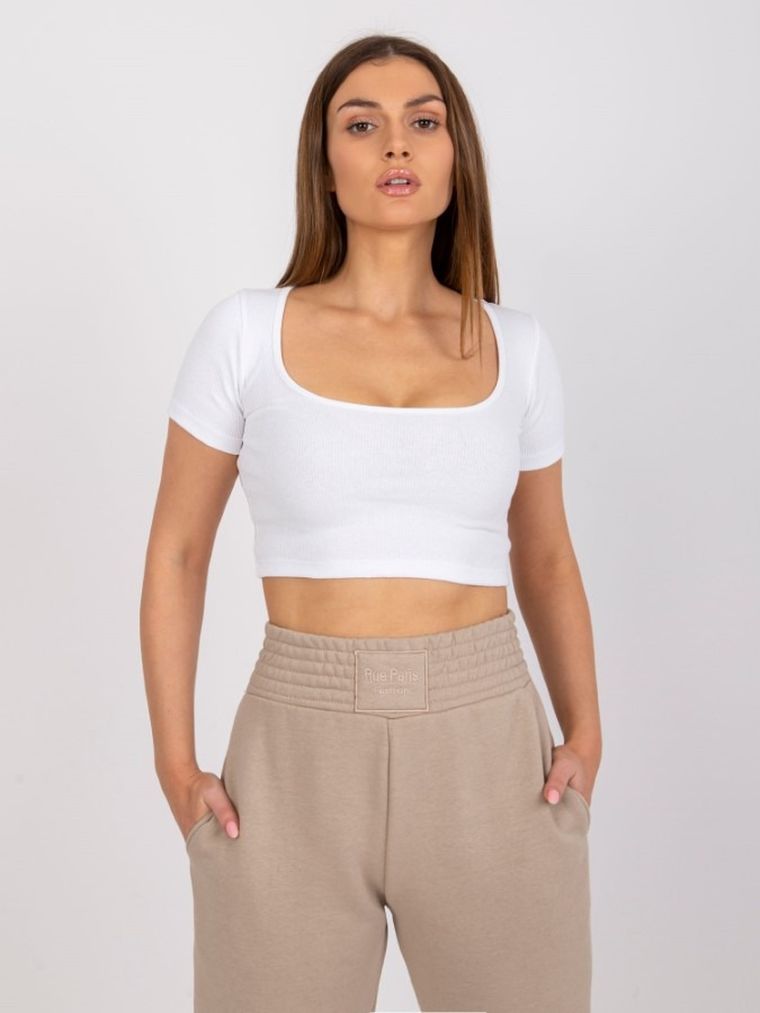 Bluzka damska z krótkim rękawem, crop top, biała, Rue Paris
