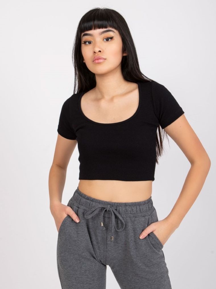 Bluzka damska z krótkim rękawem, crop top, czarna, Rue Paris