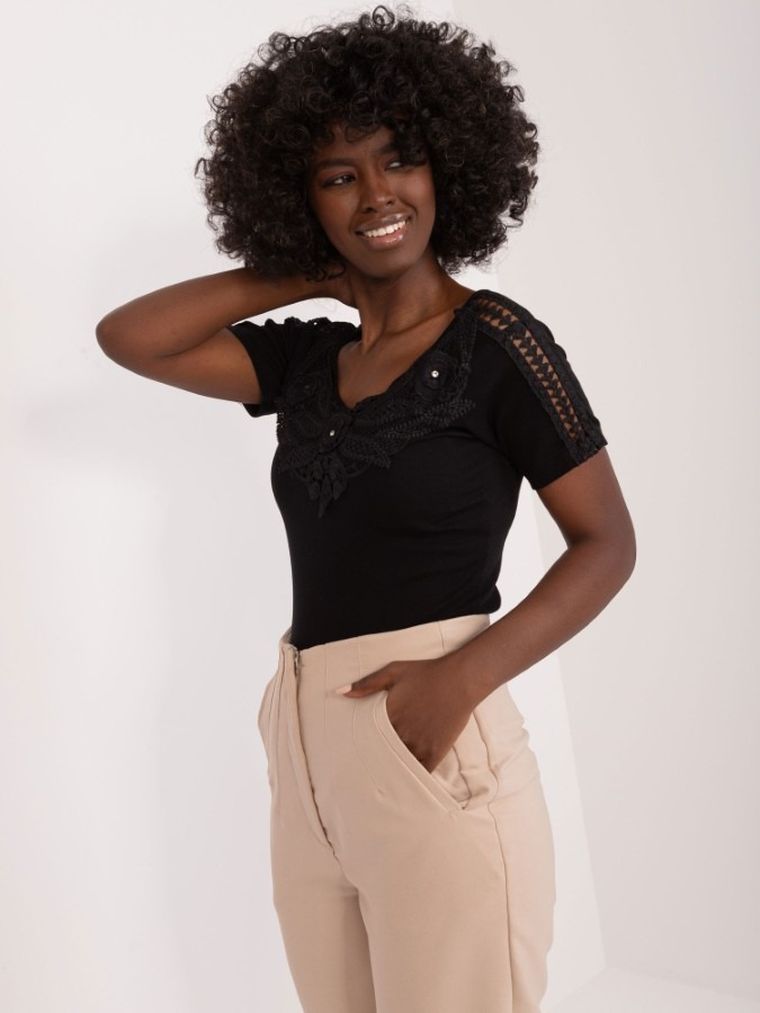 Bluzka damska z krótkim rękawem, czarna, Ambitionfly