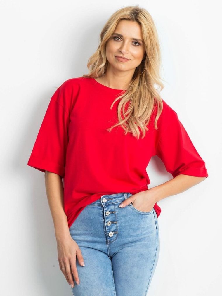 Bluzka damska z krótkim rękawem, czerwona, Basic Feel Good