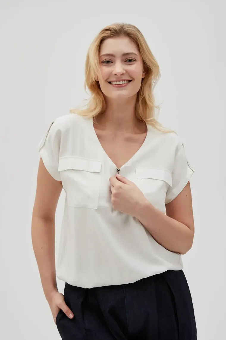 Bluzka damska z krótkim rękawem, ecru, Moodo