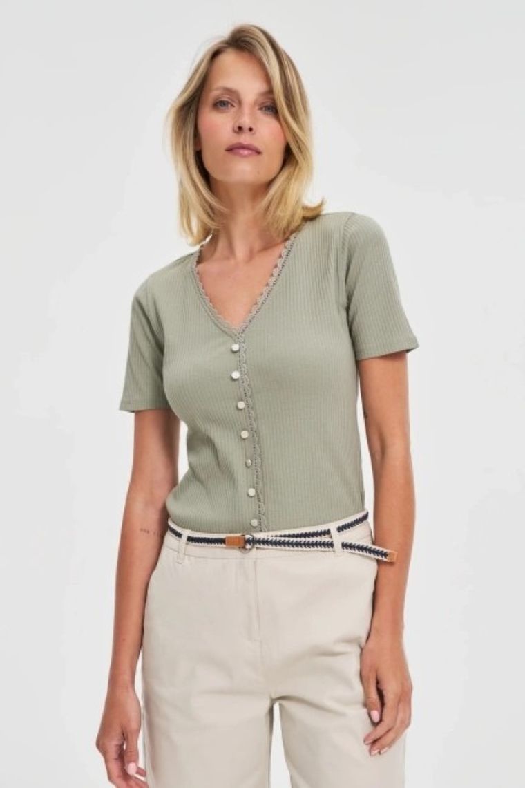 Bluzka damska z krótkim rękawem, khaki, Moodo